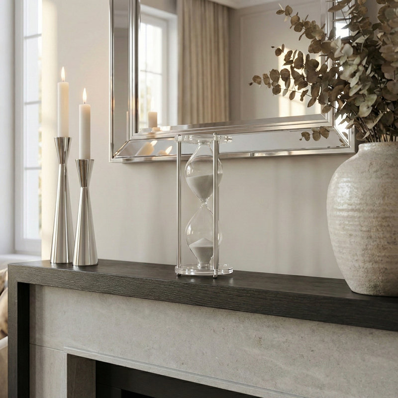 Minimalist Hourglass Sand Timer for Home Decoration - Decorative Metal and Acrylic Accent for Living Room Decor - 12", Silver & Metallic