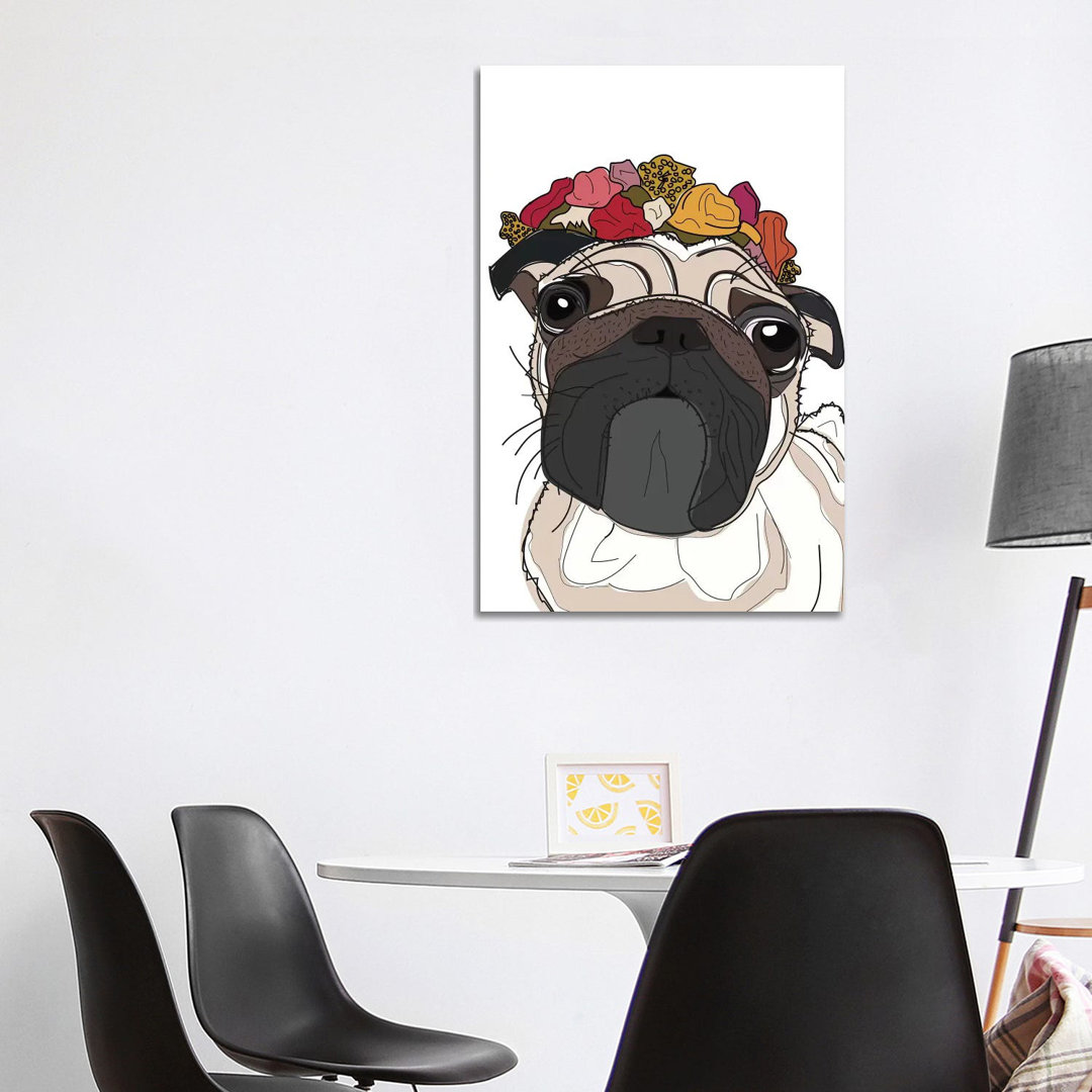 Mops mit Blumen von Sketch And Paws - Galerie-verpackte Leinwand Giclée auf Leinwand