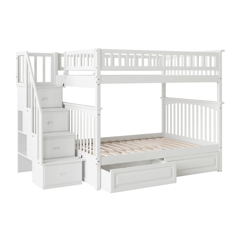 Lit superposé avec escalier de rangement Flinn, Blanc, Double sur double