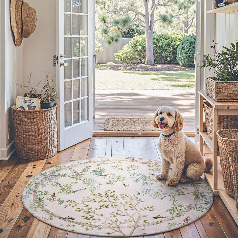 Floral Rug Botanical Birds Print Nature Plants Washable Non-slip, Ivory, Round 5'