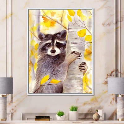 «A Cute Racoon on a Birch Tree with Autumn Yellow I», peinture sur toile