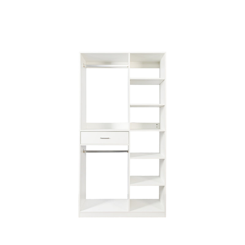 Système de garde-robe autoportant, garde-robe autonome avec 6 tablettes ouvertes, garde-robe avec 1 tiroir en bois, garde-robe en bois avec 2 tringles de suspension