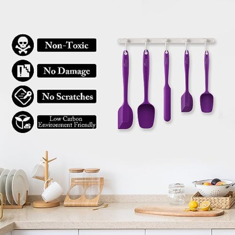 Ensemble de 5 spatules en silicone sans BPA, résistantes à la chaleur jusqu'à 315 °C (600 °F), antiadhésives et compatibles lave-vaisselle. Couleur violette.