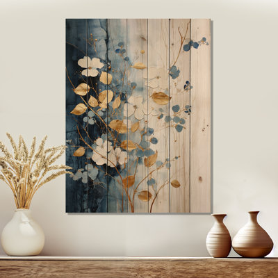 Sérénité botanique beige et dorée - Plantes, art sur bois de pin naturel