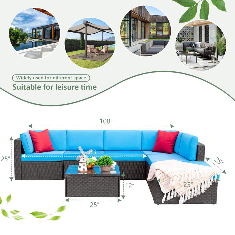 Nia All-Weather 7 Piece Rattan Sofa Seating Group with Cushions, Blue/Red