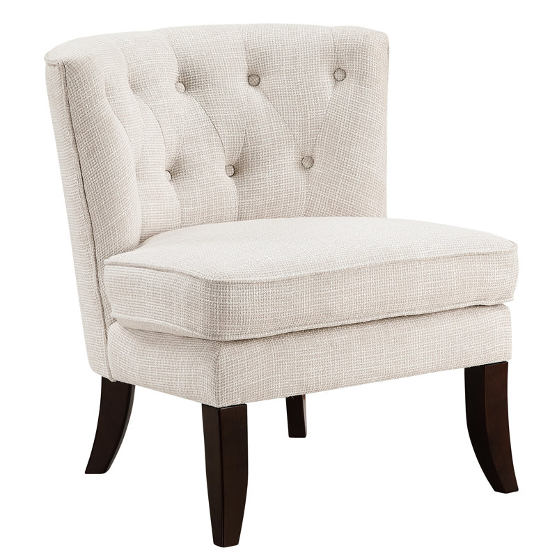 Chaise d'appoint beige avec capitonnage à boutons, pieds en bois massif pour un look sophistiqué, base moderne, stabilité fine