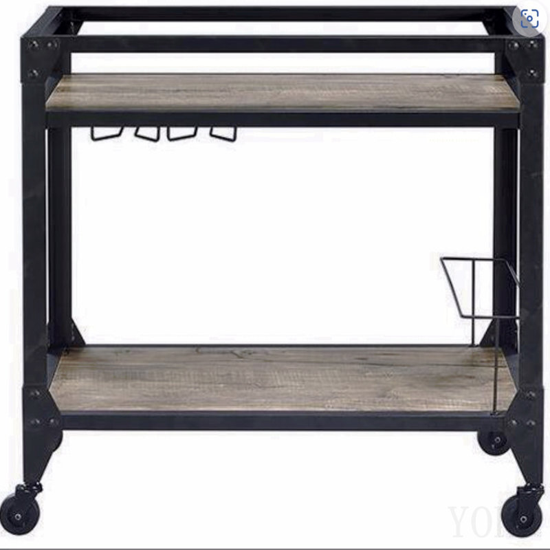 Chariot de service en chêne rustique et finition gris anthracite, Black, H 31 po x l 32 po x P 16 po
