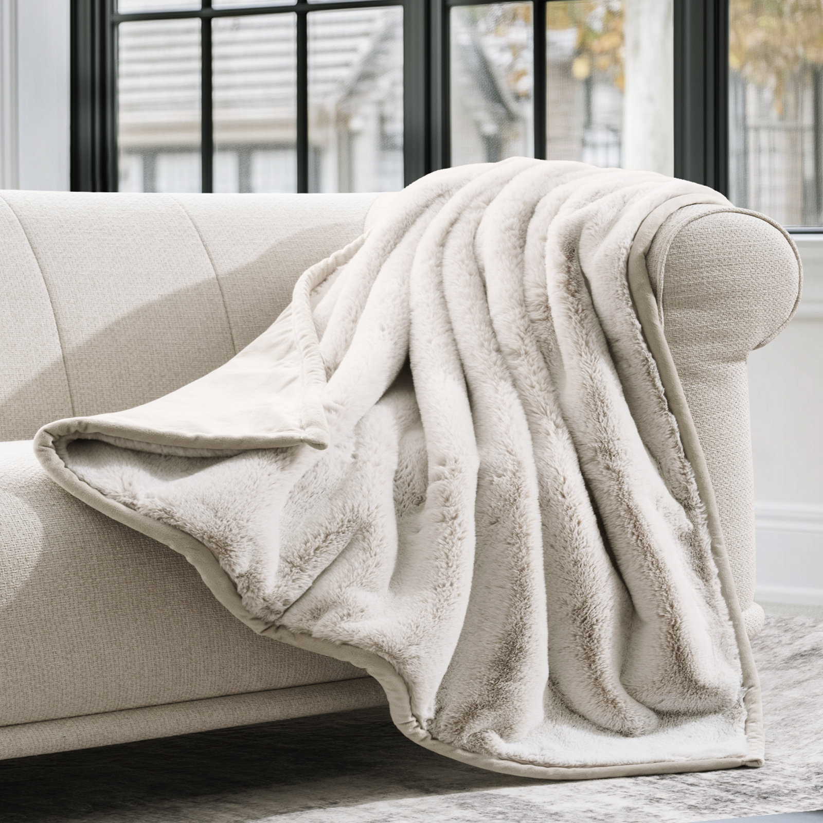 Luxury Mink Faux Fur Throw Blanket, 60" W x 80" L, Tipped Champagne Ivory