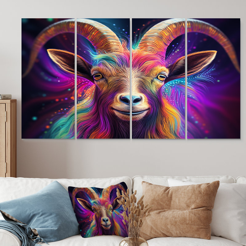 Celestial Gazing Portrait de chèvre - art mural 4 pièces, H 28 po x l 48 po