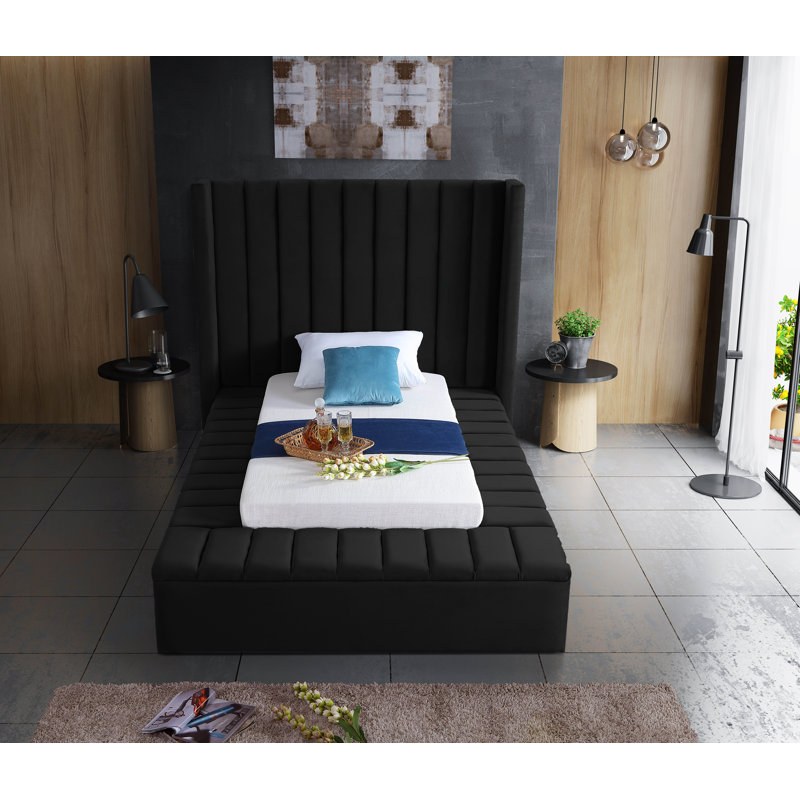 Rick Upholstered Wingback Bed, Black Velvet, Twin