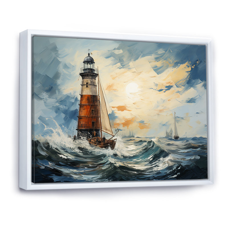 Phare, mer orageuse 2 - Art mural phares, Cadre flottant blanc, H 34 po x l 44 po x P 1,5 po