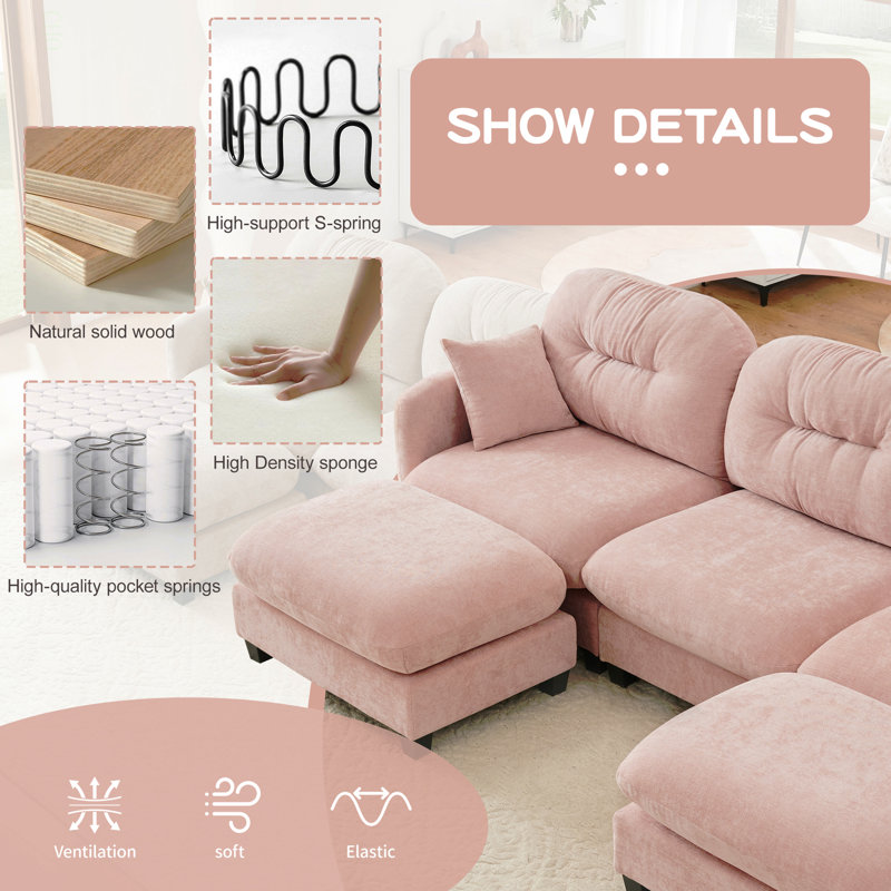 Canapé modulaire en L modulaire avec repose-pieds, tissu chenille doux, conception ergonomique, dossier capitonné, base en bois de haute qualité facile à installer, convient aux chambres à coucher, aux coins de lecture, rose
