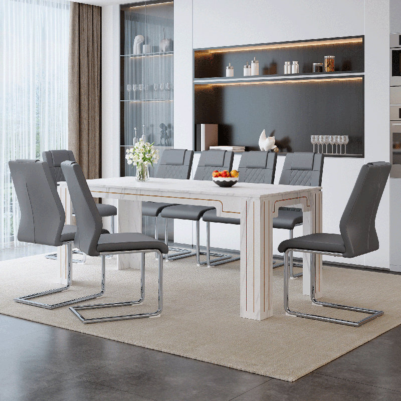 9PCS Table And Chair Set, Wooden Rectangular Dining Table Paired With 8 Hight Quality PU Dining Chairs, Dark Gray/Silver
