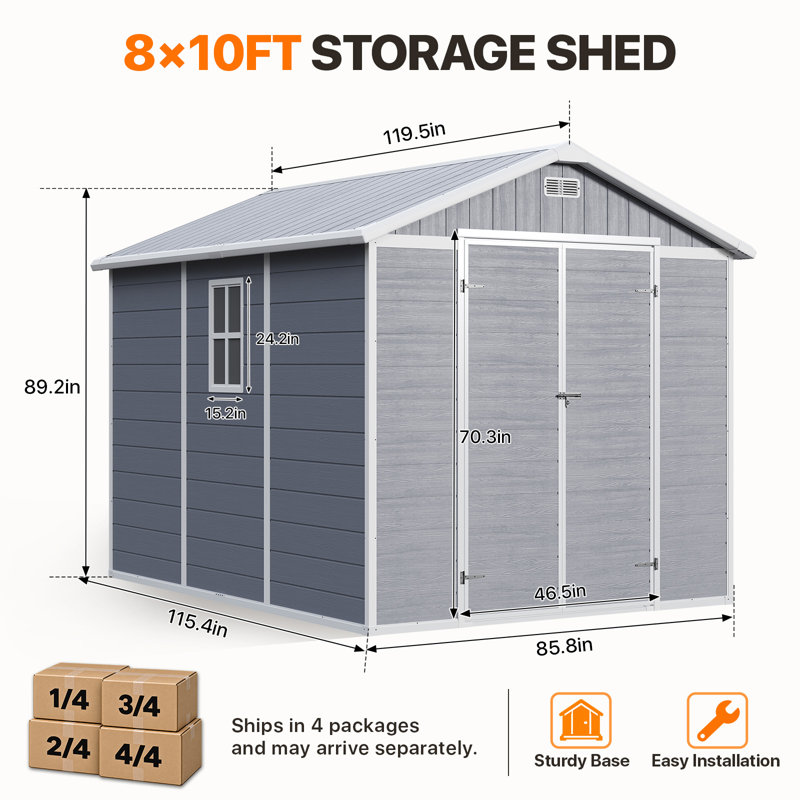 Remise de rangement extérieure en résine l 8 pi. X P 10 pi. Construction à double porte avec plancher robuste à haute résistance, gris clair