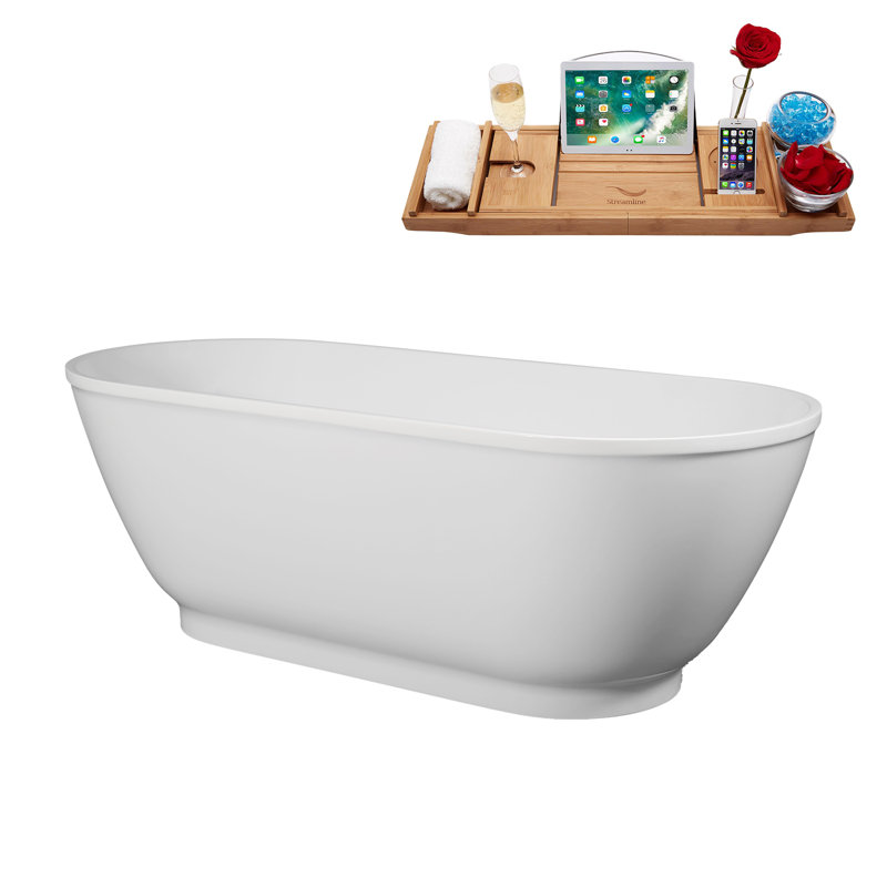 67" Streamline Soaking Freestanding Tub and Tray With Internal Drain, Matte Black