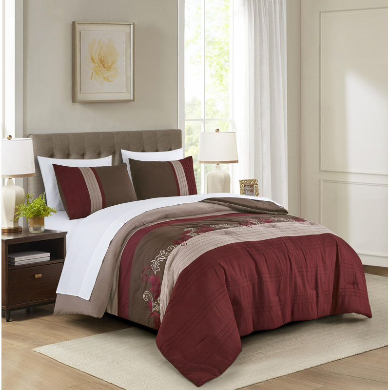 Alana Luxury Floral Embroidered Bed in a Bag Comforter Set, Brown/Burgundy/Taupe, Queen Comforter + 6 Additional Pieces