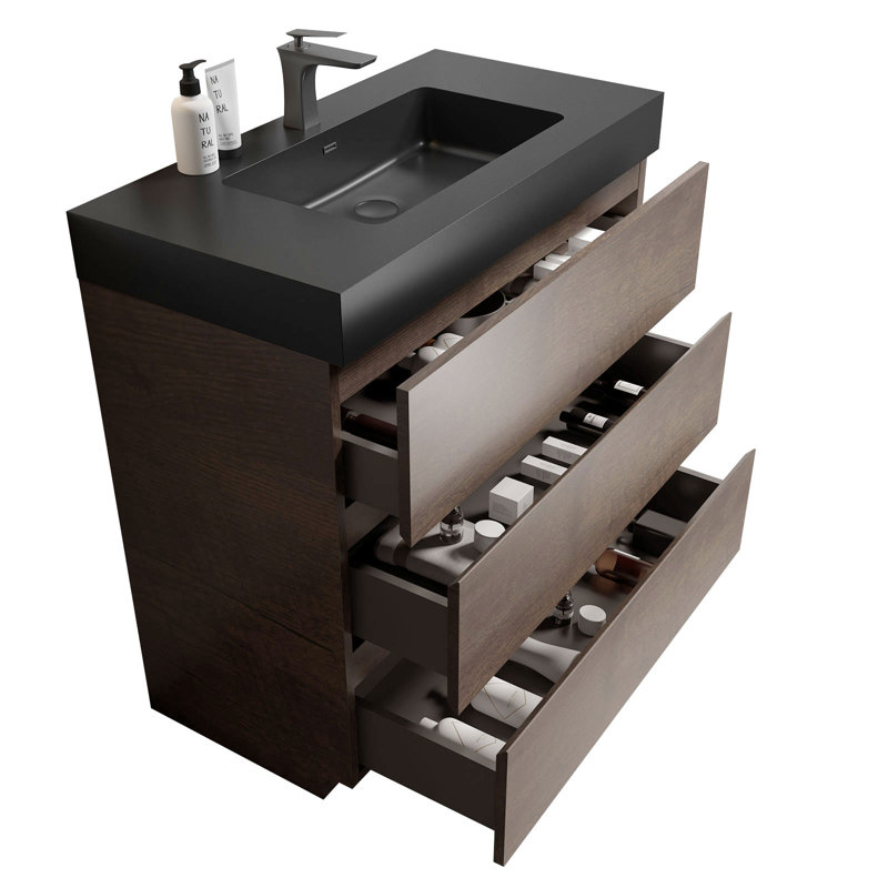 Meuble-lavabo sur pied simple Deandrick, Noyer, Noir mat, 36"