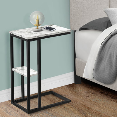 Table d'appoint, en forme de C, bout, côté, collation, stratifié aspect marbre blanc, métal noir