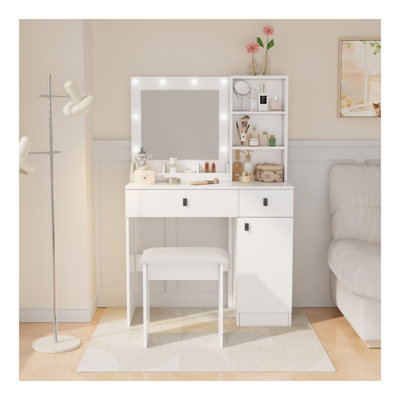 Vanity Desk With Lights, Vanity Set With Mirror, Makeup Vanity Desk With Large Drawers & Three Level Storage Dreeser, Vanitys/Vanities With 3 Lights Brightness Adjustable For Bedroom, White