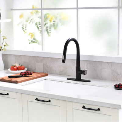Black Single Handle Pull Out Kitchen Faucet, Contemporary, Ceramic Filler, Brass, With Deck Plate Faucet Out, Contemporary Style, Brass Material,