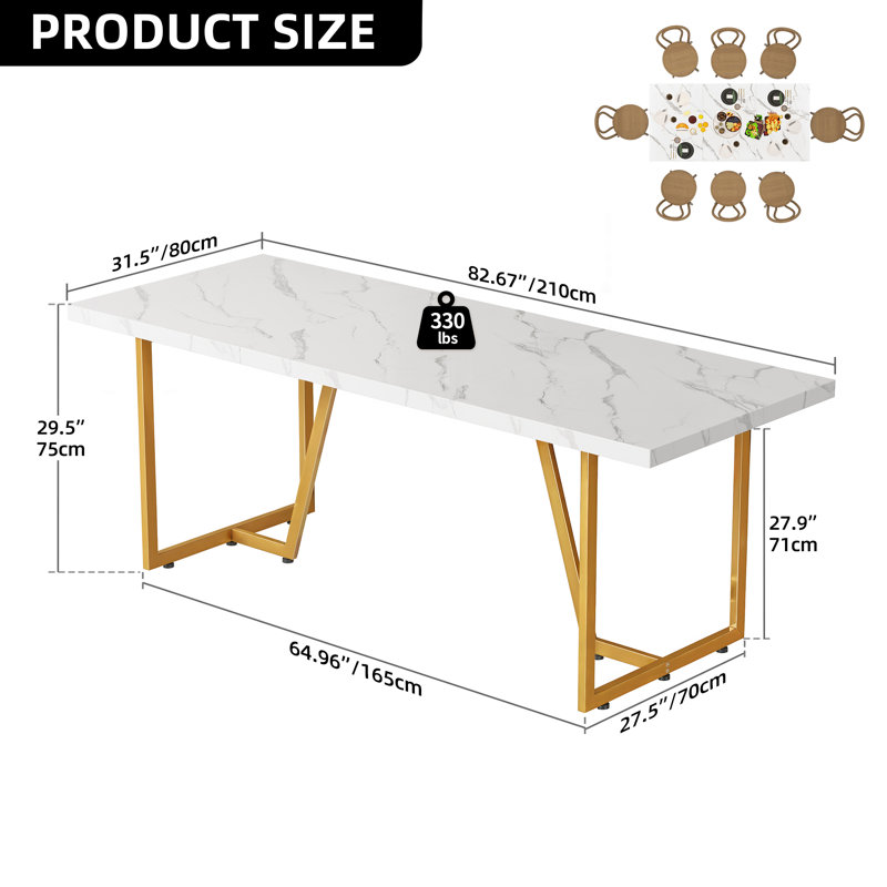 Kendrik 82.67'' L x 31.5'' W Dining Table with Rectangular Faux Marble Tabletop for 6-8 People, Gold, White