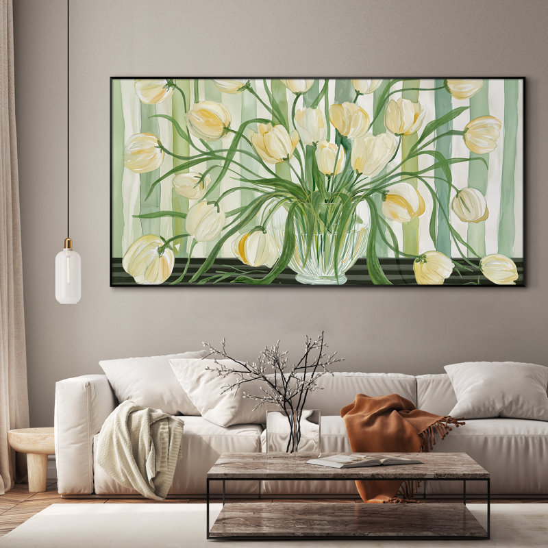 Très grand tulipe, reproduction d'art murale - fleurs blanches et jaunes dans un vase, décoration botanique moderne pour le salon ou la chambre à coucher, assemblage requis