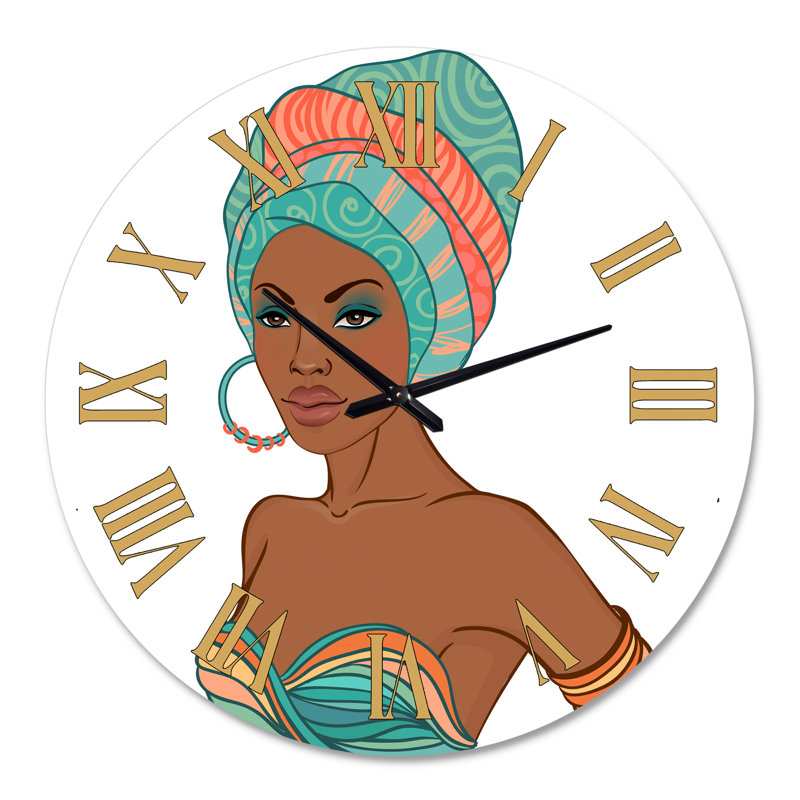 Femme afro-américaine avec boucle d'oreille et turban - horloge murale moderne, Grand
