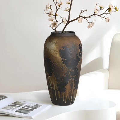 Vase rustique en céramique rustique pour la maison, vase en terre cuite rétro, grande pièce maîtresse de style bohémien pour le salon, la tablette ou le plateau de table