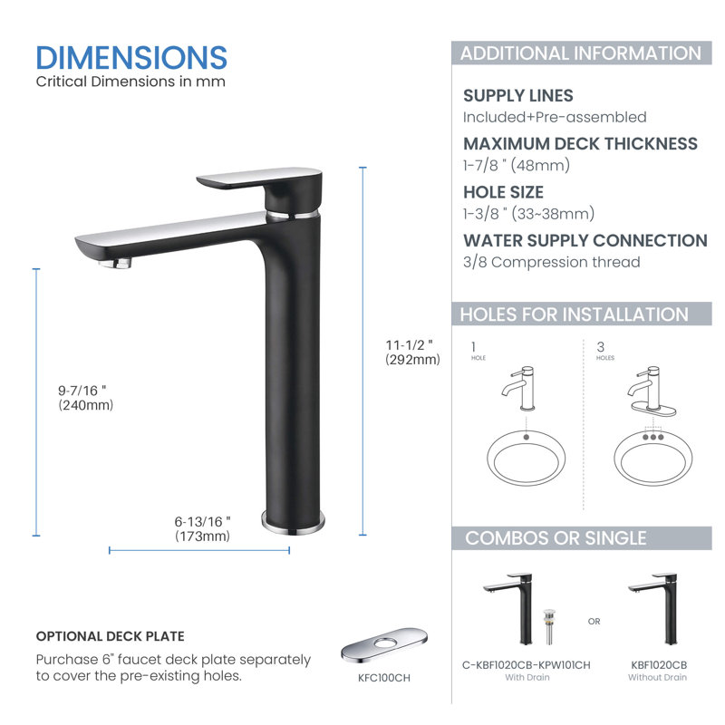 Robinet de lavabo vasque monocommande avec bonde Tender, Chrome / Noir
