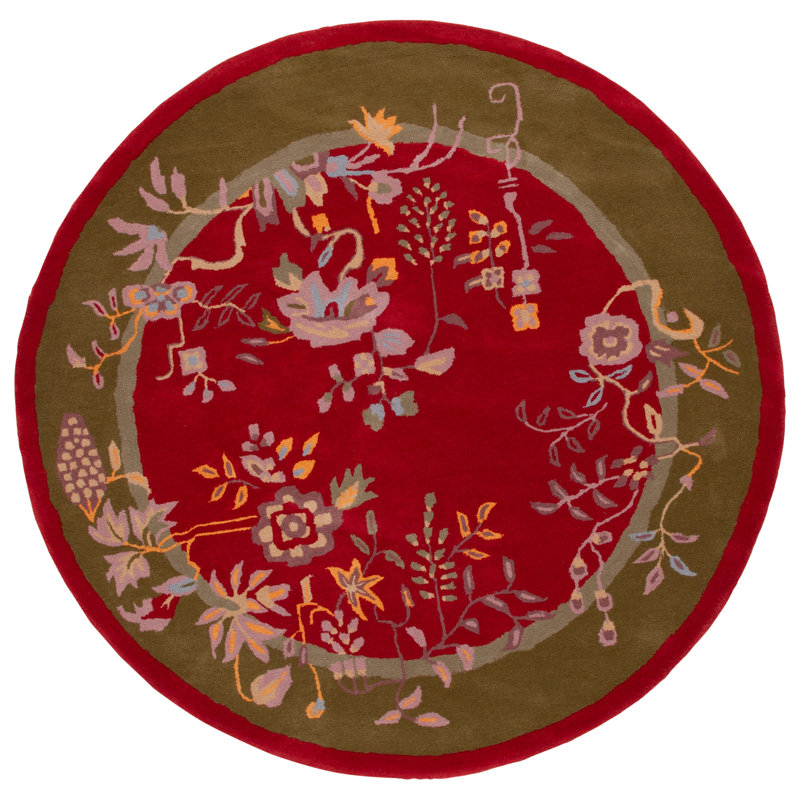 Tapis floral rouge / vert en laine / coton touffeté à la main Shrinivas, Rond 6 pi