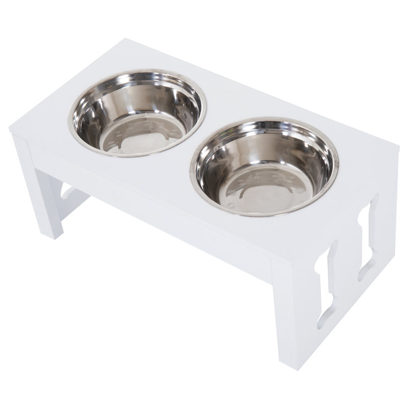 PawHut Modern Decorative Raised Dog Bowls, Wooden Heavy Duty Pet Food and Water Bowl, Elevated Feeding Station, Black, White