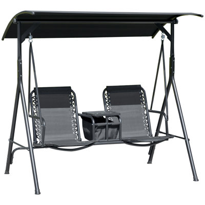 Atay 2 Person Covered Porch Swing with Pivot Storage Table, Cup Holder, & Adjustable Overhead Canopy