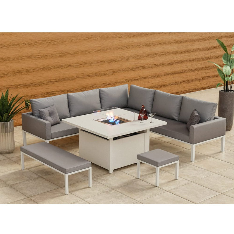 Munisah 8 - Person Patio Dining Set with Rectangular Table , Cushions Included, White