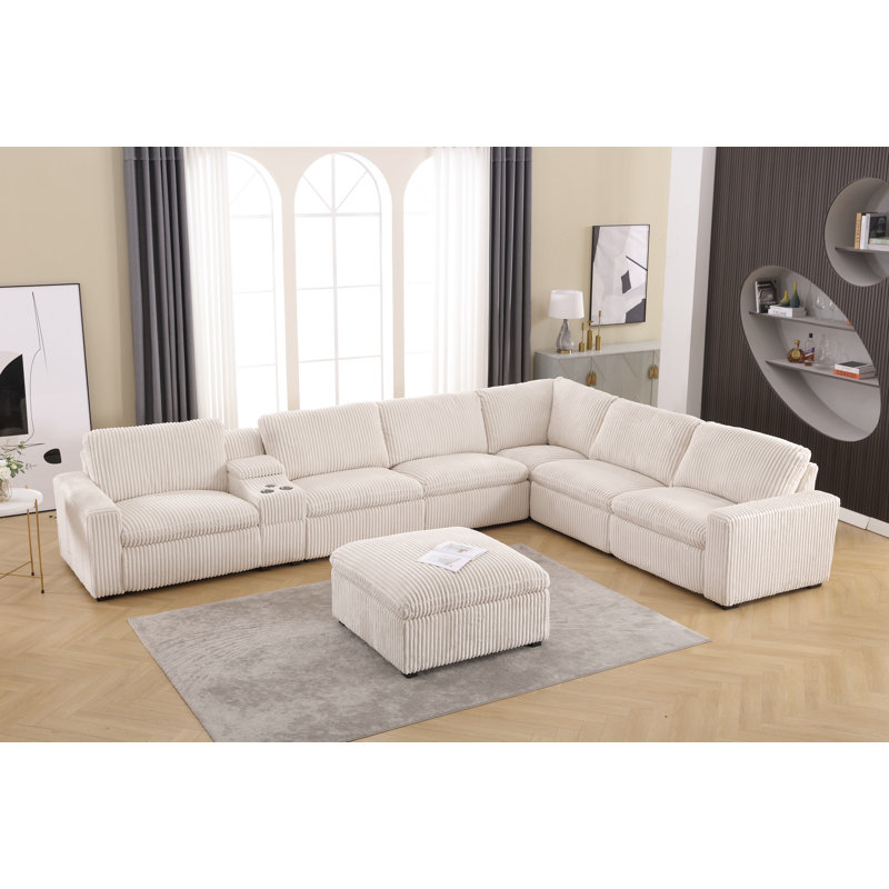 Annistyn 8 Piece 168.5'' L-Shaped Corduroy Power Reclining Sectional With Wireless Charging Storage, Beige Corduroy