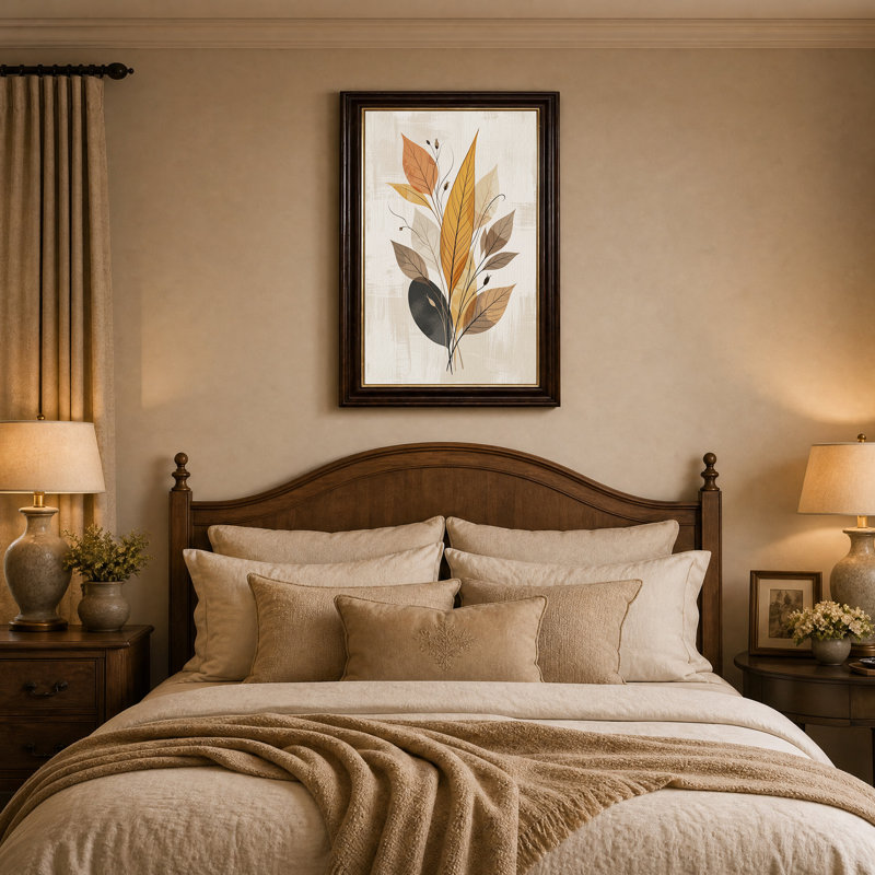Tableau mural sur toile à fond beige texturé, feuilles orange et brunes, H 24 po x l 16 po