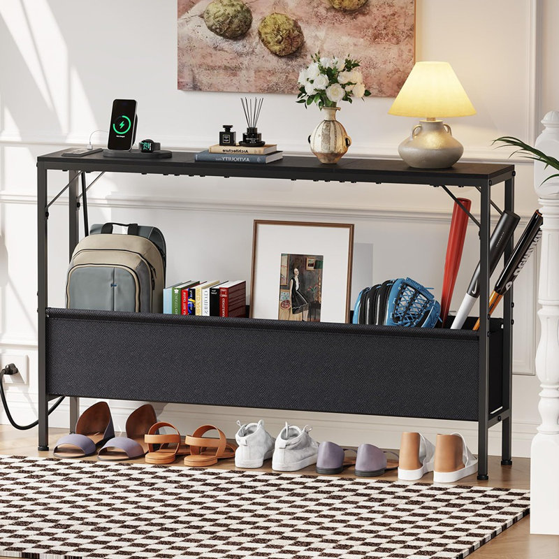 Console Tables With Charging Station And Storage Basket, 47.2'' Entryway Table Narrow With Power Outlets USB Ports, Couch Table Behind Sofa, Hallway Table For Foyer, Living Room, Black