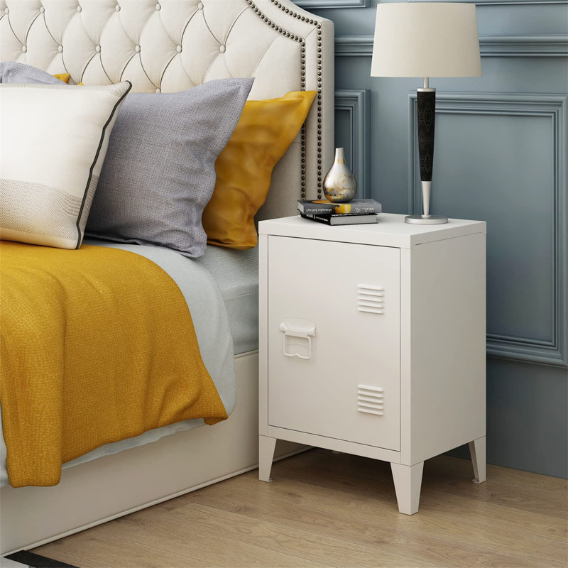 White Metal Modern Nightstand with Shelf and Door