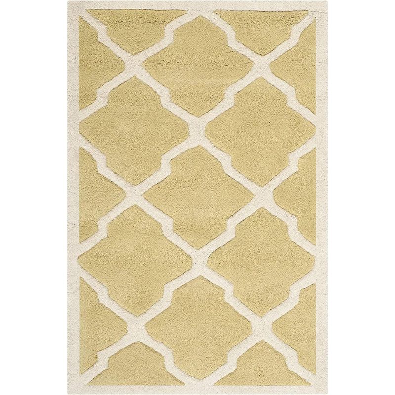 Tapis doré / ivoire en laine touffeté à la main à motif géométrique Carolene, Rectangle 2 pi x 3 pi