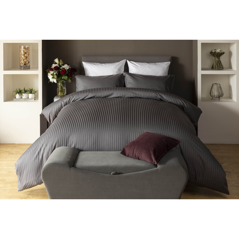 Plain Dye 540 TC Egyptian-Quality Cotton Cotton Striped Duvet Cover Set with Pillowcases, Grey