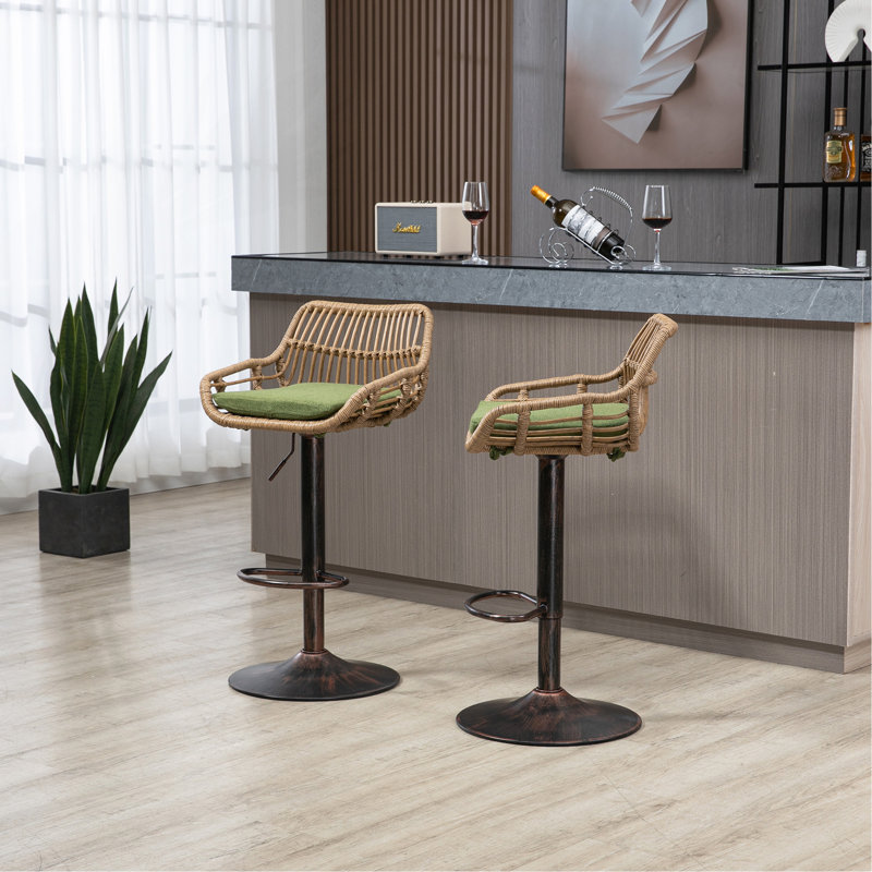 Modern Swivel Bar Stools Set Of 2 Adjustable Counter Height Chairs With Footrest For Kitchen, Dining Room (Green), Green