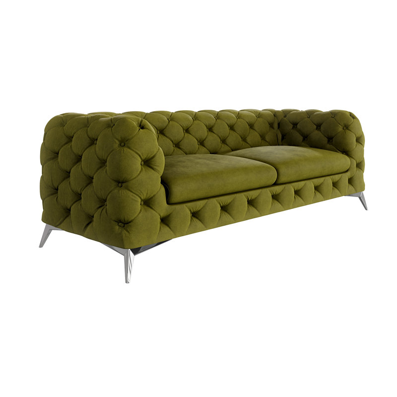 Chesterfield Sofa  3 Seater with Silver Metal Legs, Olive