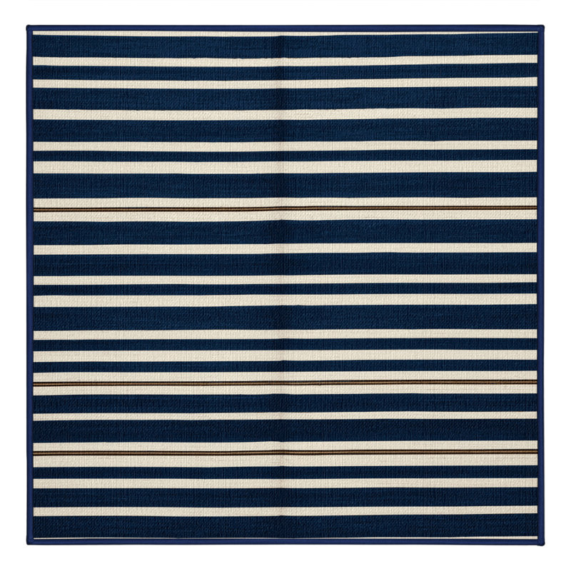 Washable Dark Blue White Striped Area Rug, Square 5'