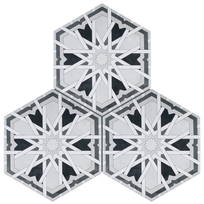 Radiant Hexagon 7,88 po X 9,45 po Carrelage mural et de plancher en porcelaine mat, Noir, noir, noir, noir