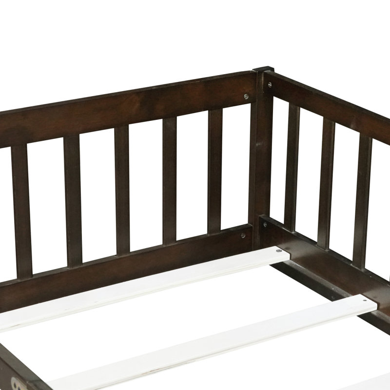 Lit simple au sol avec clôture et porte, lit en bois d'hévéa avec garde-corps de sécurité, espresso, Lit simple, Espresso