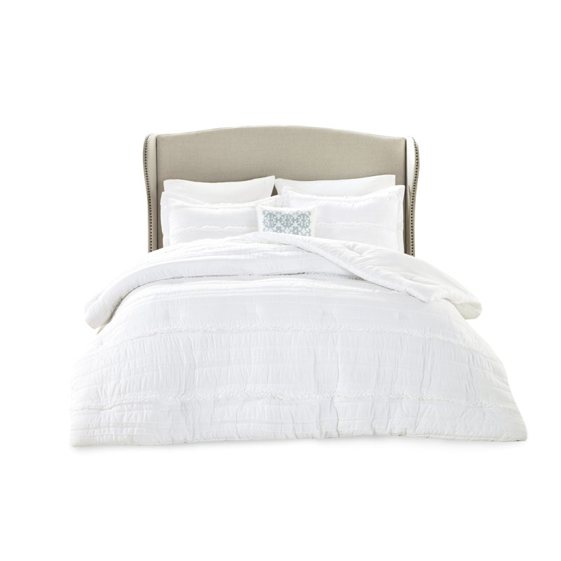 Édredon blanc très grand - 5 pièces en microfibre, à volants, Édredon de très grand lit et 4 pièces additionn