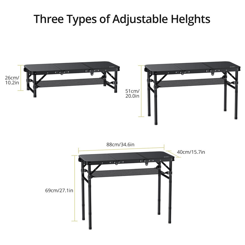 Aluminum Folding Camping Table - 3ft Tri-Fold, 3 Adjustable Heights (27.1in Max), 66lb Capacity with Storage Net, Black