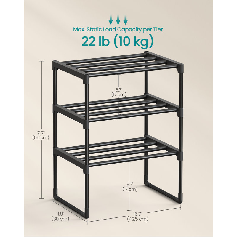 3-Tier Metal Shoe Storage Shelf, Stackable Shoe Organiser, For Entryway, Black, 21.7'' H x 16.7'' W x 11.8'' D, Black