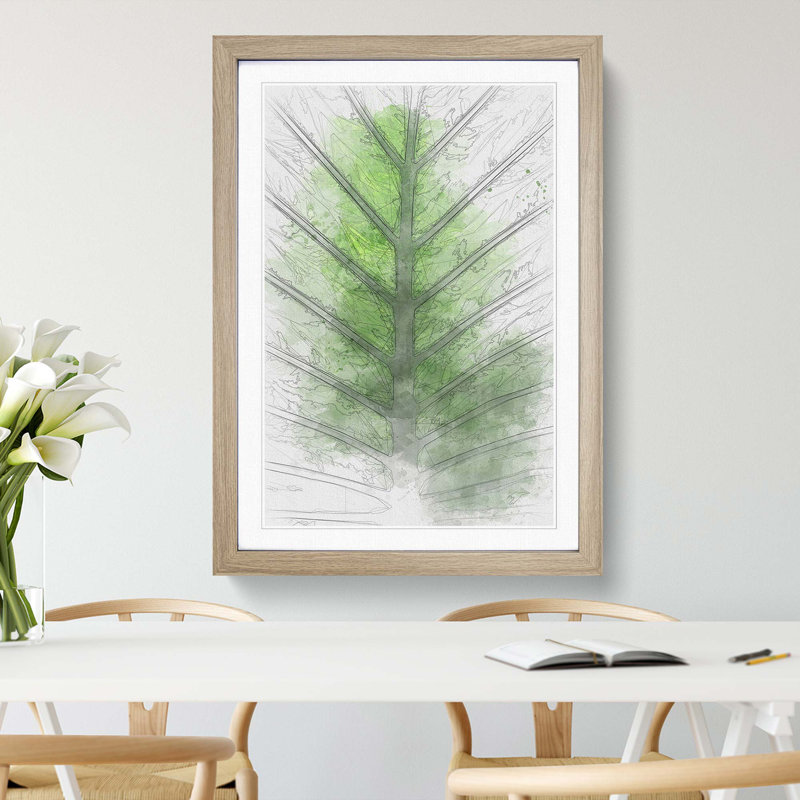 Green Leaf Lines in Abstract - Picture Frame Graphic Art Print on MDF, 87cm H x 62cm W x 2cm D, Oak Framed