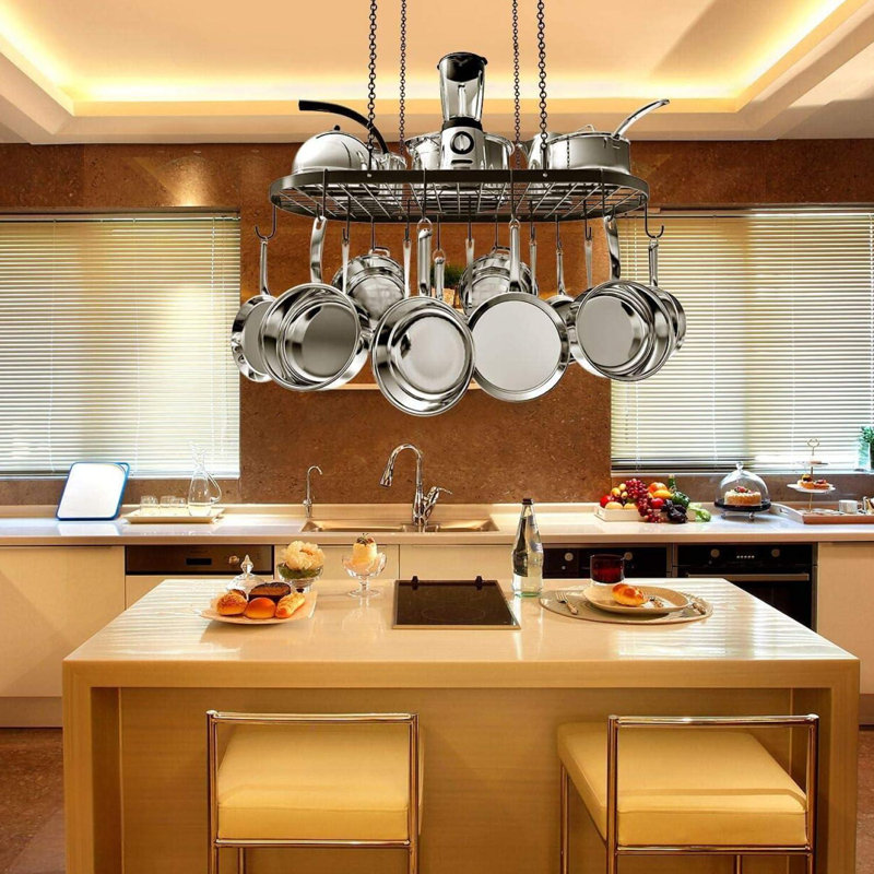 Stylish Black Alloy Steel Ceiling Storage With 15 Hooks - Organize Kitchen Cookware And Utensils - Space-Saving Mounted Overhead Holder