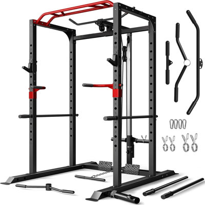 FORGEMUS Home Gym Squat Rack,2000lbs Power Rack with LAT Pulldown,Power Cage with Adjustable Pulley System for Full Body Workout